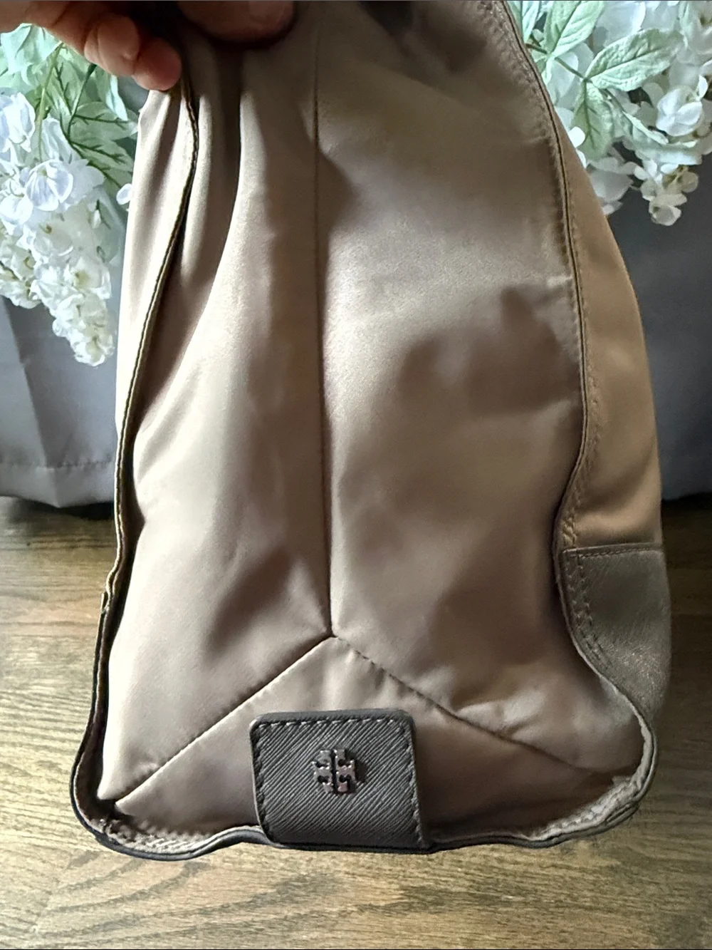 Tory Burch Taupe Nylon Tote with Leather Trim